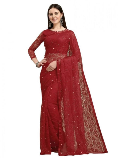 Generic Women's Net Self Design Saree With Unstitched Blouse 5.5Mtr (Maroon)