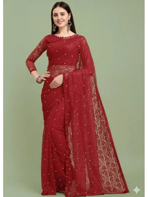 Generic Women's Net Self Design Saree With Unstitched Blouse 5.5Mtr (Maroon)