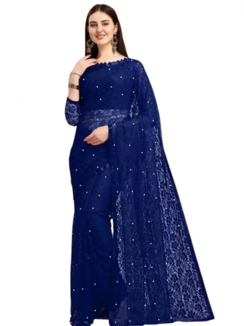 Generic Women's Net Self Design Saree With Unstitched Blouse 5.5Mtr (Navy Blue)