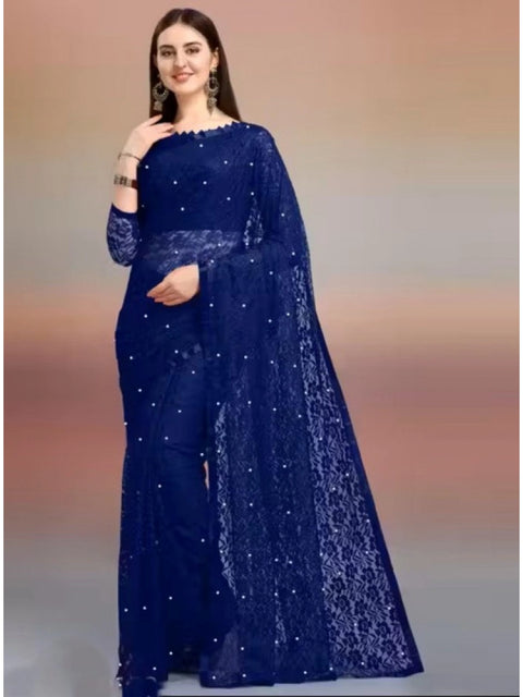 Generic Women's Net Self Design Saree With Unstitched Blouse 5.5Mtr (Navy Blue)