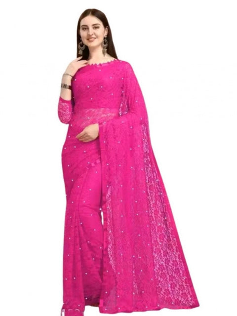 Generic Women's Net Self Design Saree With Unstitched Blouse 5.5Mtr (Rani)