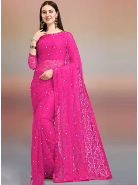 Generic Women's Net Self Design Saree With Unstitched Blouse 5.5Mtr (Rani)