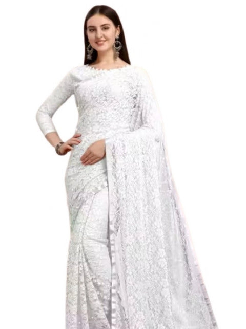 Generic Women's Net Self Design Saree With Unstitched Blouse 5.5Mtr (White)