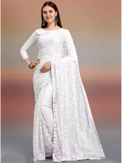 Generic Women's Net Self Design Saree With Unstitched Blouse 5.5Mtr (White)