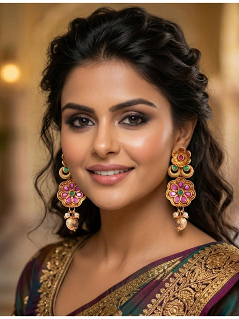 Women's Zinc Alloy Gold Plated Jhumka Earrings (Multicolor)