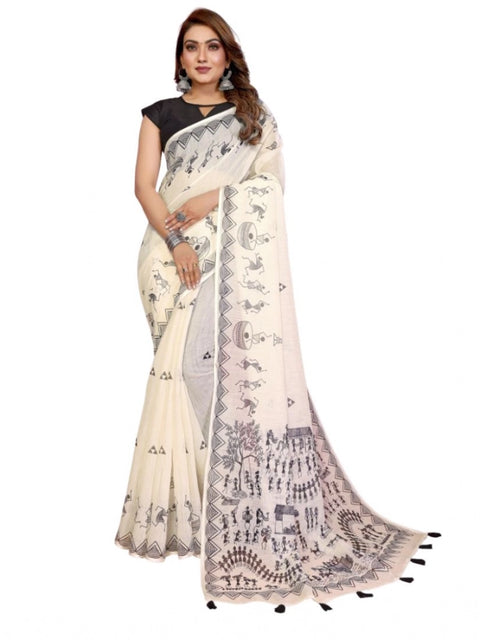 Women's Linen Cotton Printed Saree With Unstitched Blouse 5.5Mtr (Off White)