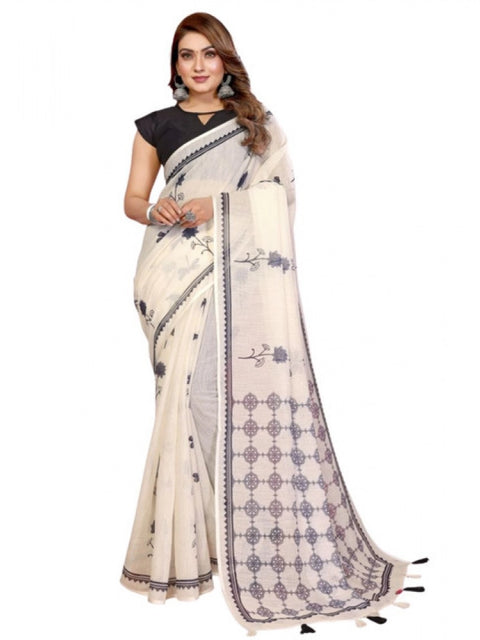 Generic Women's Linen Cotton Printed Saree With Unstitched Blouse 5.5Mtr (Off White)