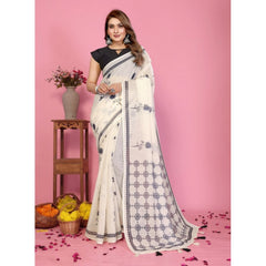Women's Linen Cotton Printed Saree With Unstitched Blouse 5.5Mtr (Off White)