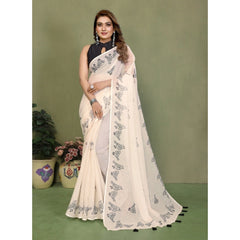 Generic Women's Linen Cotton Printed Saree With Unstitched Blouse 5.5Mtr (Off White)