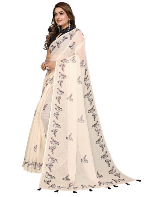 Generic Women's Linen Cotton Printed Saree With Unstitched Blouse 5.5Mtr (Off White)