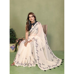 Women's Linen Cotton Printed Saree With Unstitched Blouse 5.5Mtr (Off White)
