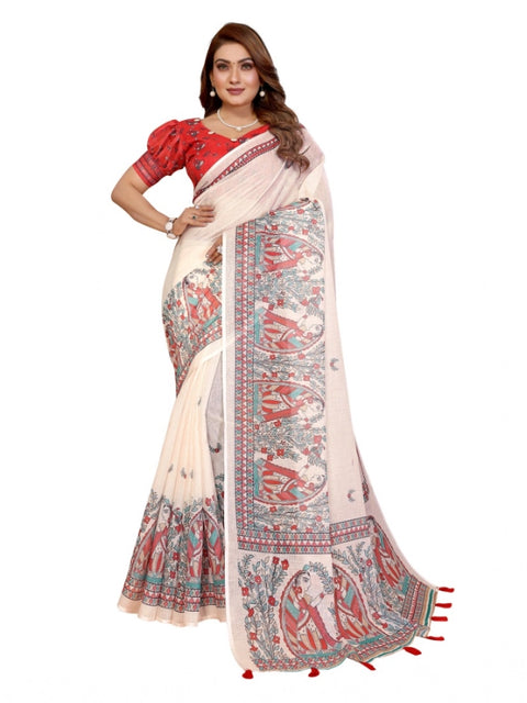 Generic Women's Linen Cotton Printed Saree With Unstitched Blouse 5.5Mtr (Off White)