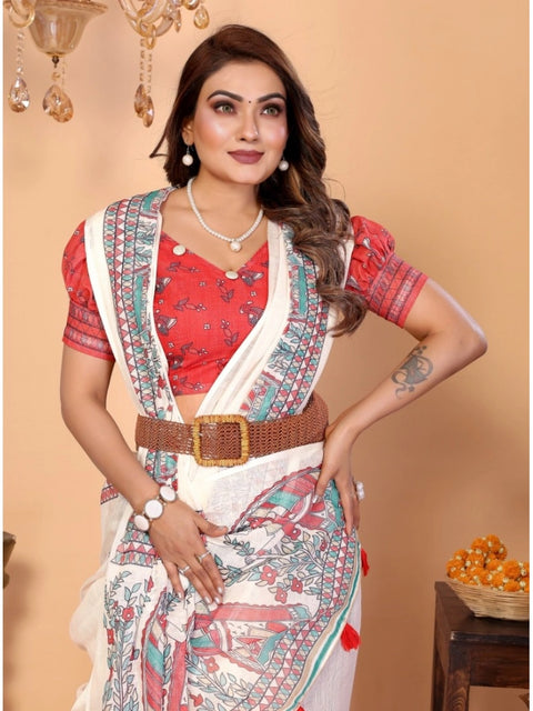 Generic Women's Linen Cotton Printed Saree With Unstitched Blouse 5.5Mtr (Off White)