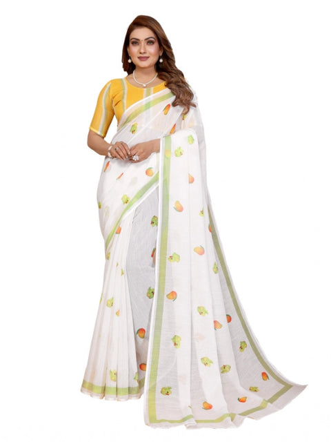Generic Women's Linen Cotton Printed Saree With Unstitched Blouse 5.5Mtr (White)