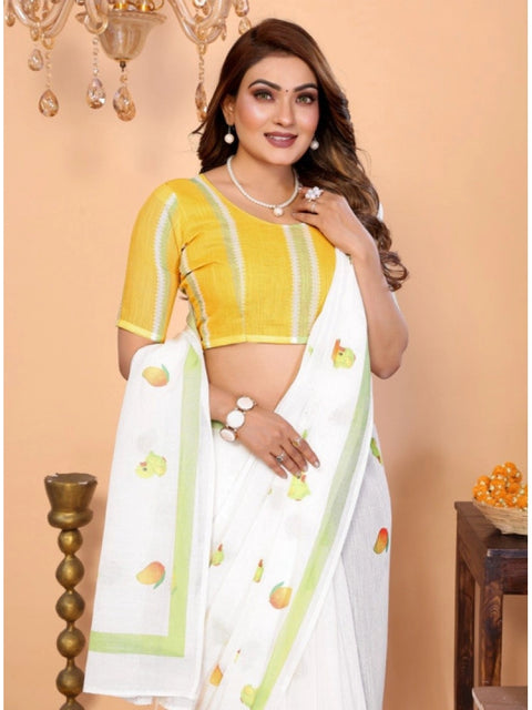 Generic Women's Linen Cotton Printed Saree With Unstitched Blouse 5.5Mtr (White)