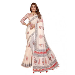Generic Women's Linen Cotton Printed Saree With Unstitched Blouse 5.5Mtr (Off White)