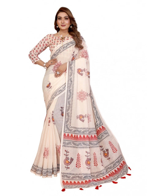 Generic Women's Linen Cotton Printed Saree With Unstitched Blouse 5.5Mtr (Off White)