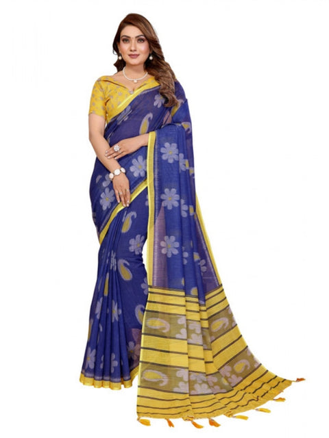Generic Women's Linen Cotton Printed Saree With Unstitched Blouse 5.5Mtr (Blue)