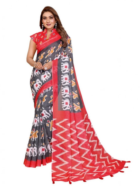 Generic Women's Linen Cotton Printed Saree With Unstitched Blouse 5.5Mtr (Grey)