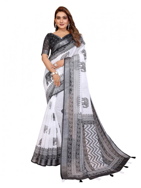 Generic Women's Linen Cotton Printed Saree With Unstitched Blouse 5.5Mtr (White-Black)