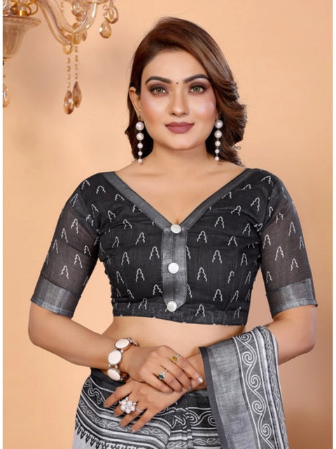 Generic Women's Linen Cotton Printed Saree With Unstitched Blouse 5.5Mtr (White-Black)