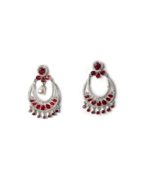 Women's Brass Silver Plated Chandbali Earrings (Red)