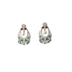 Women's Brass Silver Plated Chandbali Earrings (Multicolor)