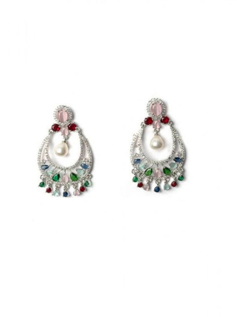Women's Brass Silver Plated Chandbali Earrings (Multicolor)