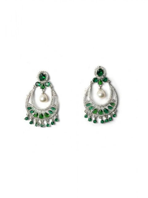 Women's Brass Silver Plated Chandbali Earrings (Green)