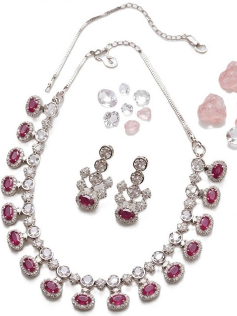 Women's Brass Silver Plated Necklace set (Pink)