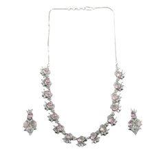 Women's Brass Silver Plated Necklace set (Pink)