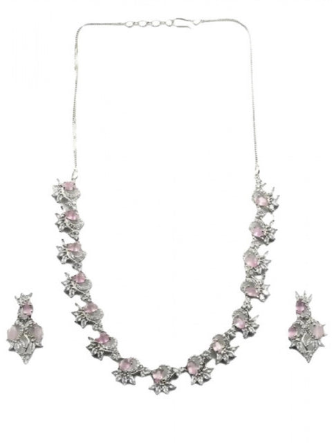 Women's Brass Silver Plated Necklace set (Pink)