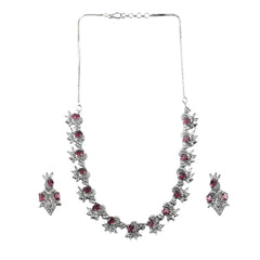 Women's Brass Silver Plated Necklace set (Red)
