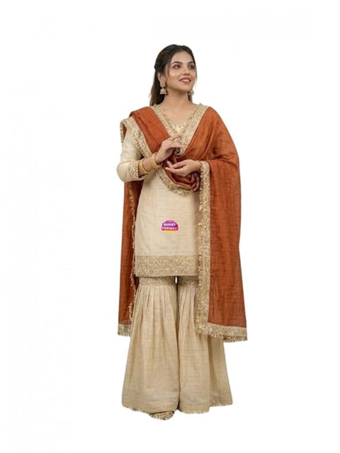 Generic Women's Silk Embroidered 3/4th Sleeve V-Neck Kurti With Sharara Pant and Dupatta Set (Cream & Orange)