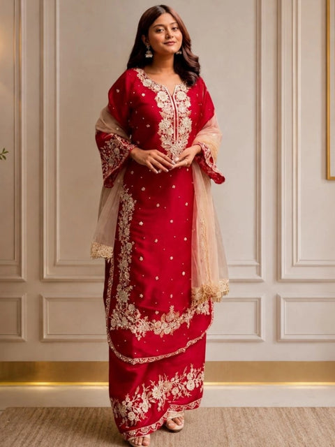 Generic Women's Silk Embroidered 3/4th Sleeve Round Readymade Kurti With Palazzo Pant and Dupatta Set (Red)