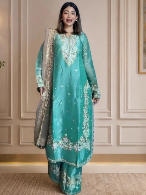Generic Women's Silk Embroidered 3/4th Sleeve Round Readymade Kurti With Palazzo Pant and Dupatta Set (Sea Green)