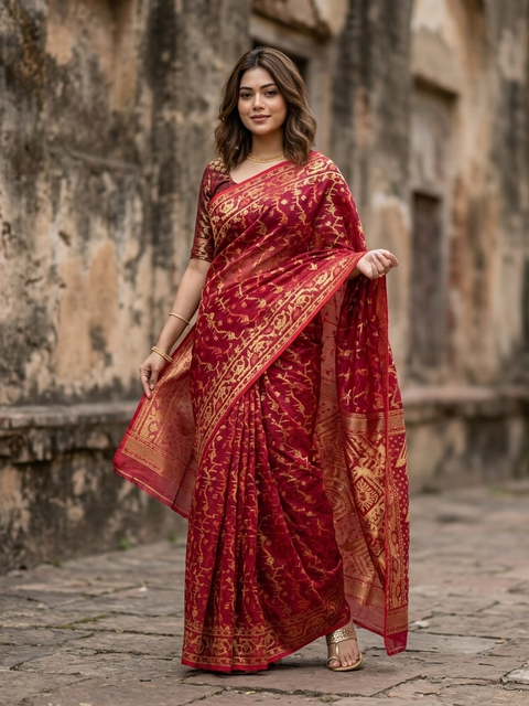 Premium Dhakai Jamdani Saree with Traditional Zari Work