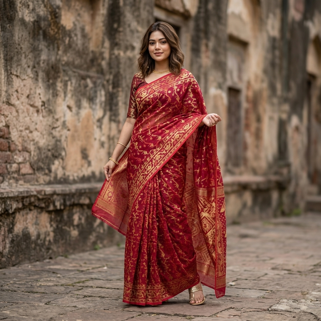 Premium Dhakai Jamdani Saree with Traditional Zari Work