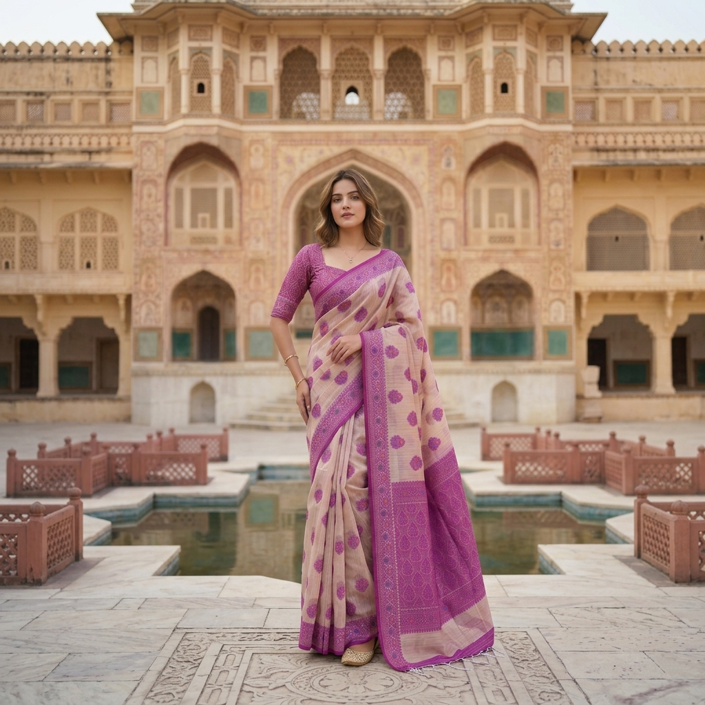 Premium Rajasthani Gadhwal Silk Saree – All Over Floral Meena Design