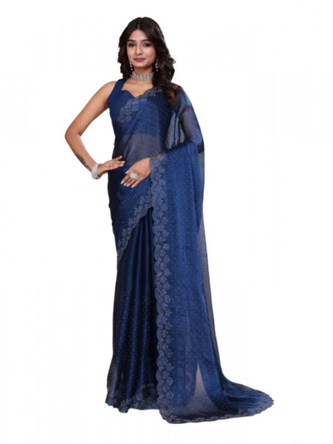 Women's Jimmy choo Embellished Bollywood Saree With Unstitched Blouse 5.5Mtr (Blue)