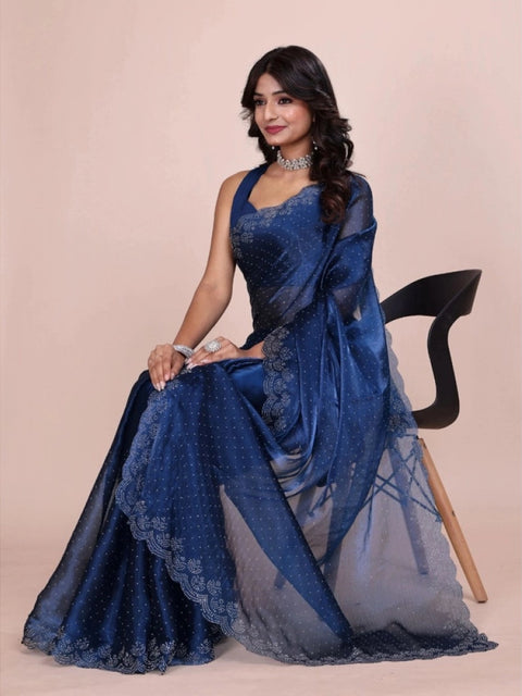 Women's Jimmy choo Embellished Bollywood Saree With Unstitched Blouse 5.5Mtr (Blue)