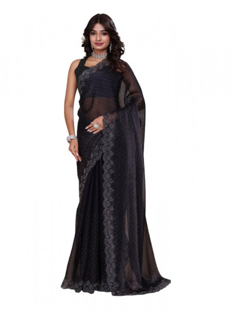 Women's Jimmy choo Embellished Bollywood Saree With Unstitched Blouse 5.5Mtr (Black)