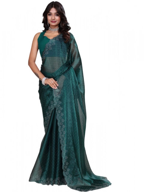 Women's Jimmy choo Embellished Bollywood Saree With Unstitched Blouse 5.5Mtr (Green)