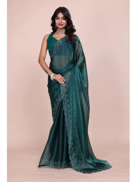 Women's Jimmy choo Embellished Bollywood Saree With Unstitched Blouse 5.5Mtr (Green)