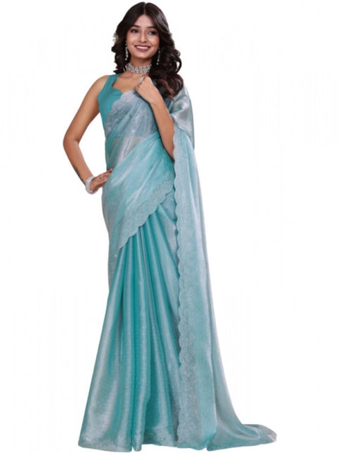Women's Jimmy choo Embellished Bollywood Saree With Unstitched Blouse 5.5Mtr (Light Blue)