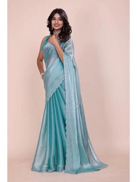 Women's Jimmy choo Embellished Bollywood Saree With Unstitched Blouse 5.5Mtr (Light Blue)