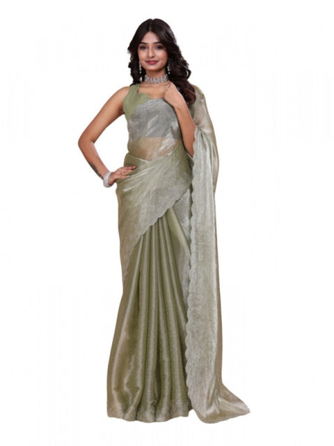 Women's Jimmy choo Embellished Bollywood Saree With Unstitched Blouse 5.5Mtr (Light Green)