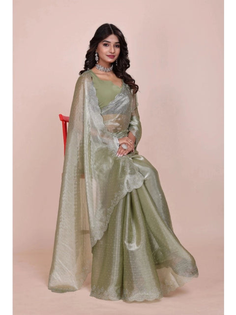 Women's Jimmy choo Embellished Bollywood Saree With Unstitched Blouse 5.5Mtr (Light Green)