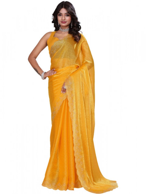 Women's Jimmy choo Embellished Bollywood Saree With Unstitched Blouse 5.5Mtr (Mustard)