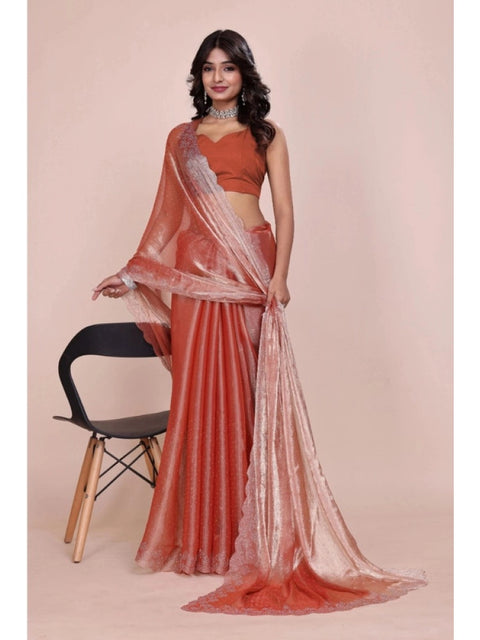 Women's Jimmy choo Embellished Bollywood Saree With Unstitched Blouse 5.5Mtr (Orange)